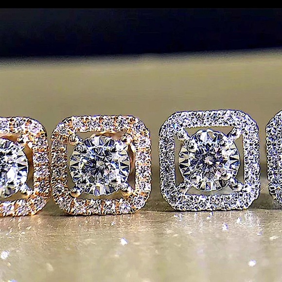 Zircon Halo Square Cut Earrings, Princess Cut Stud - Picture 3 of 4